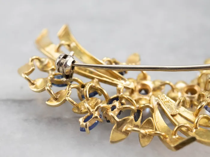 MSJ Online Vintage Gold Marquise Sapphire and Pearl Brooch Earrings MSJ Online Vintage Gold Marquise Sapphire and Pearl Brooch Earrings