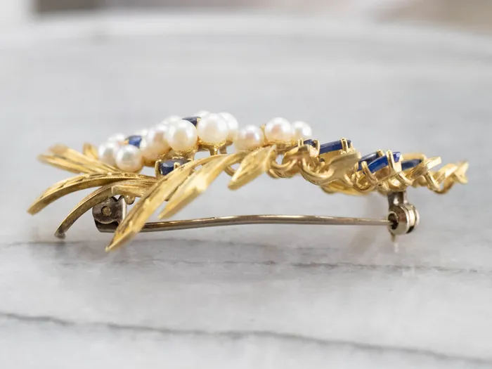 MSJ Online Vintage Gold Marquise Sapphire and Pearl Brooch Earrings MSJ Online Vintage Gold Marquise Sapphire and Pearl Brooch Earrings