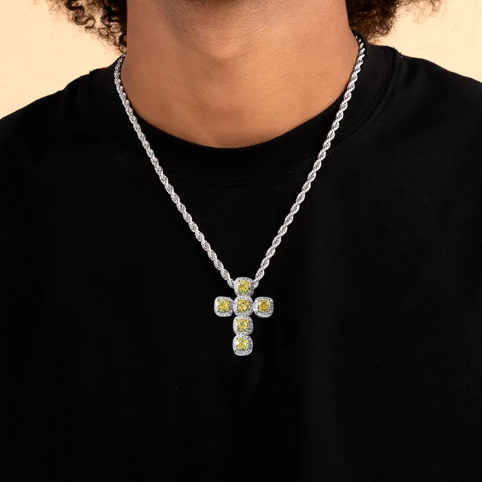 Necklaces aporro Radiant Cut Clustered Cross Pendant Fancy Yellow