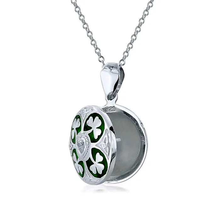 Necklaces BlingJewelry Wholesale BFF Vintage Style Shamrock Clover Celtic Irish Locket Necklace in Sterling Silver