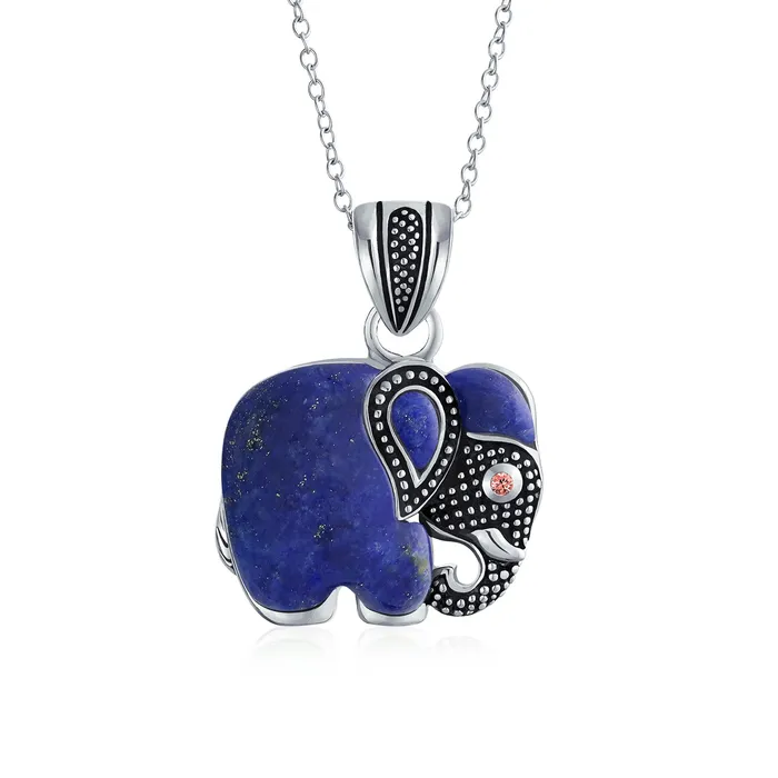 Necklaces BlingJewelry Wholesale Boho Bali Elephant Pendant Necklace with Lapis Jade and Turquoise Inlay in Silver