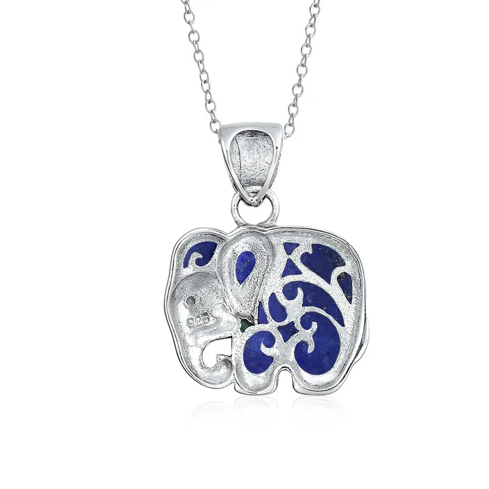 Necklaces BlingJewelry Wholesale Boho Bali Elephant Pendant Necklace with Lapis Jade and Turquoise Inlay in Silver