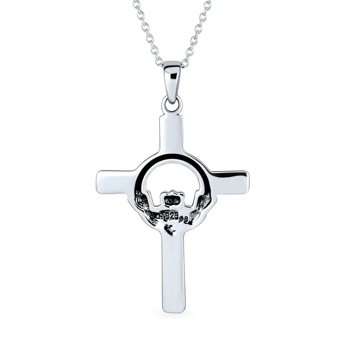 Necklaces BlingJewelry Wholesale Irish Celtic Knot Claddagh Cross Pendant Necklace in Oxidized Sterling Silver