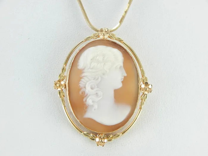 Necklaces Cameo Brooch or Pendant in Yellow Gold with Floral Details Market Square Jewelers Necklaces Cameo Brooch or Pendant in Yellow Gold with Floral Details Market Square Jewelers