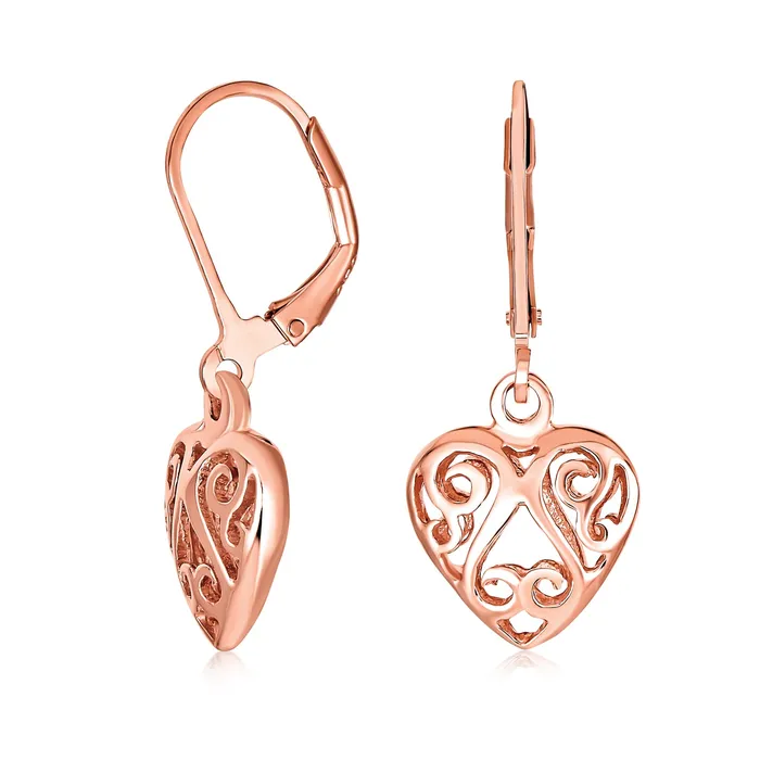 Open Filigree Heart Dangle Earrings Rose Gold Plated Sterling Silver Leverback BlingJewelry Wholesale Earrings