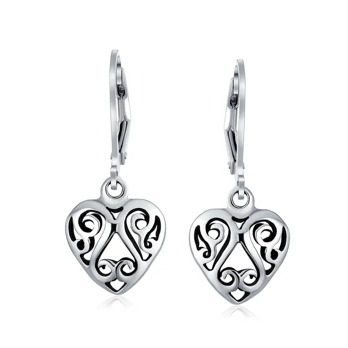 Open Filigree Heart Dangle Earrings Rose Gold Plated Sterling Silver Leverback BlingJewelry Wholesale Earrings