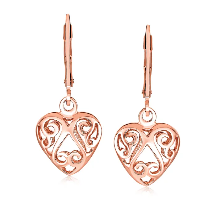 Open Filigree Heart Dangle Earrings Rose Gold Plated Sterling Silver Leverback BlingJewelry Wholesale Earrings