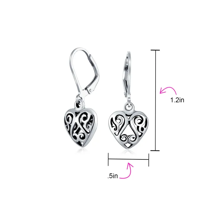 Open Filigree Heart Dangle Earrings Rose Gold Plated Sterling Silver Leverback BlingJewelry Wholesale Earrings