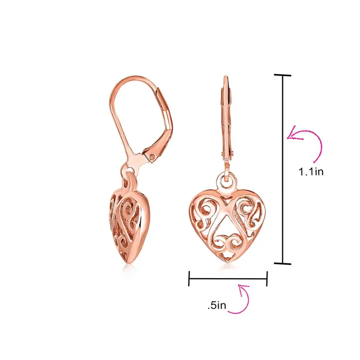 Open Filigree Heart Dangle Earrings Rose Gold Plated Sterling Silver Leverback BlingJewelry Wholesale Earrings