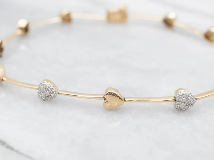 Puffy Gold Diamond Encrusted Heart Link Bracelet Market Square Jewelers Bracelets