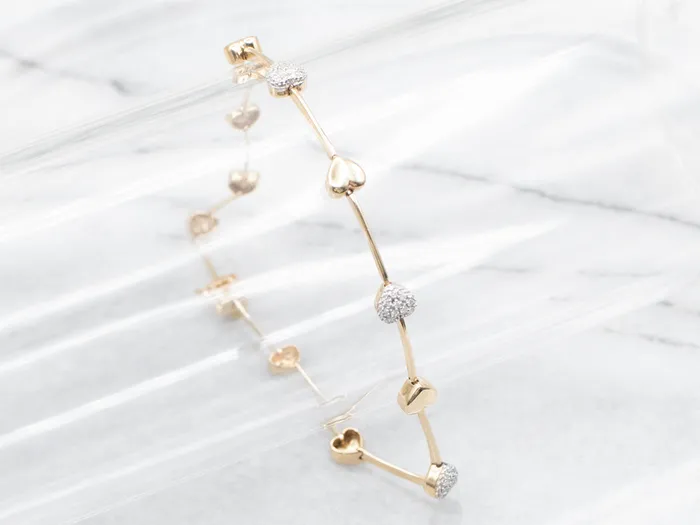 Puffy Gold Diamond Encrusted Heart Link Bracelet Market Square Jewelers Bracelets