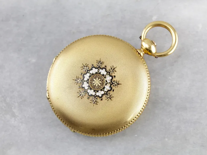 Rare Breitling Laederich 18K Yellow Gold and Enameled Hunters Case Pocket Watch Market Square Jewelers PreStyled Sets