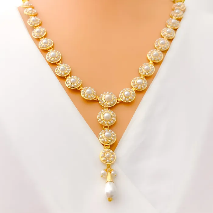 Refined Floral Motif 22k Gold Pearl Necklace Set Andaaz Jewelers Necklaces Refined Floral Motif 22k Gold Pearl Necklace Set Andaaz Jewelers Necklaces