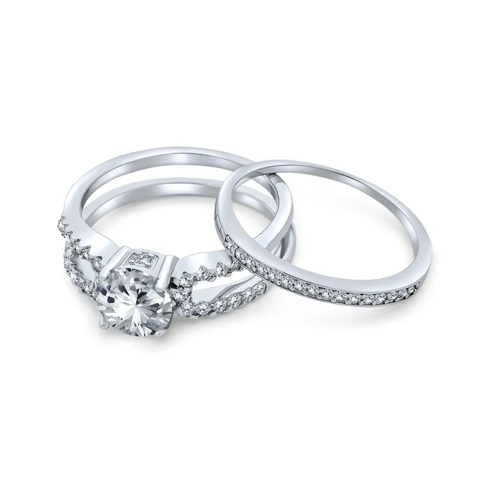 Rings BlingJewelry Wholesale Cocktail Statement Ring 3CT Round Solitaire CZ Pave Band Guard Enhancer Silver Set
