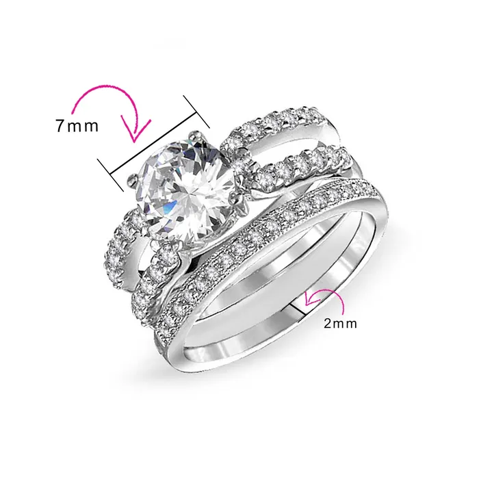Rings BlingJewelry Wholesale Cocktail Statement Ring 3CT Round Solitaire CZ Pave Band Guard Enhancer Silver Set