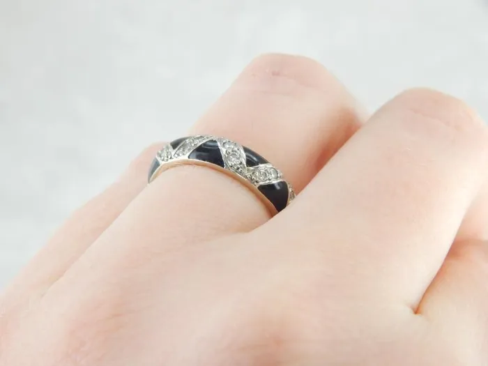Rings Market Square Jewelers Black And White Band Vintage 18K Gold Enamel and Diamonds Stacking Ring Rings Market Square Jewelers Black And White Band Vintage 18K Gold Enamel and Diamonds Stacking Ring