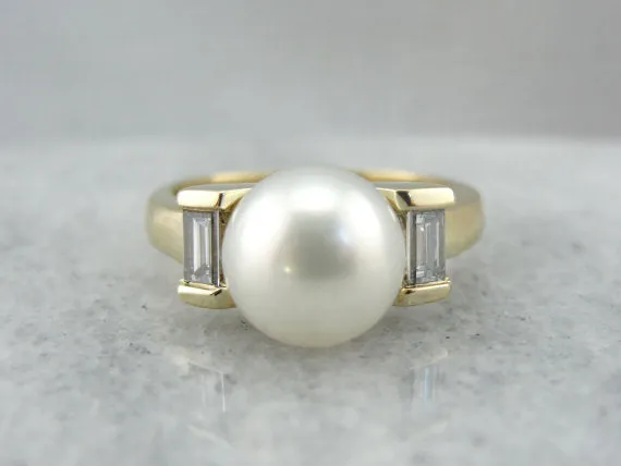 Rings Market Square Jewelers Pearl and Baguette Diamond Cocktail Ring