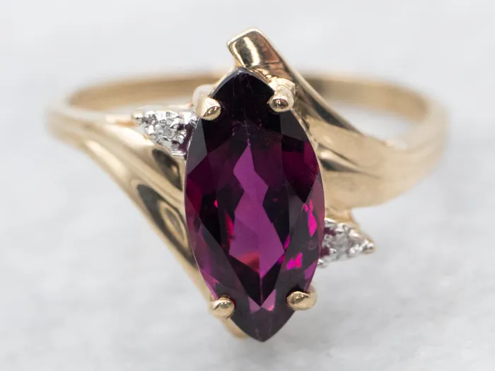 Rings Market Square Jewelers Yellow Gold Marquise Cut Rhodolite Garnet Bypass Ring with Diamond Accents Rings Market Square Jewelers Yellow Gold Marquise Cut Rhodolite Garnet Bypass Ring with Diamond Accents