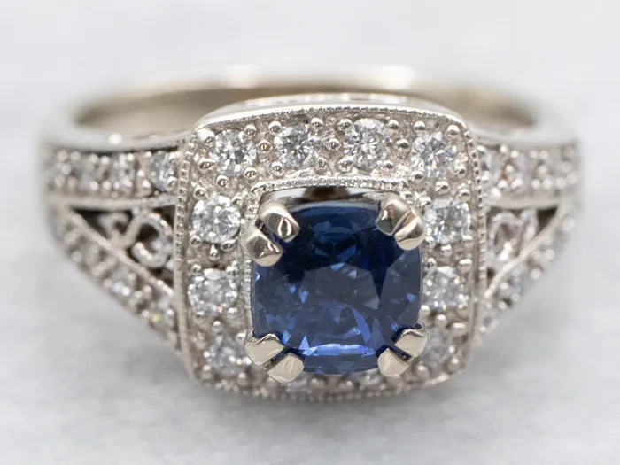 Rings Modern White Gold Sapphire Engagement Ring with Diamond Halo Market Square Jewelers Rings Modern White Gold Sapphire Engagement Ring with Diamond Halo Market Square Jewelers