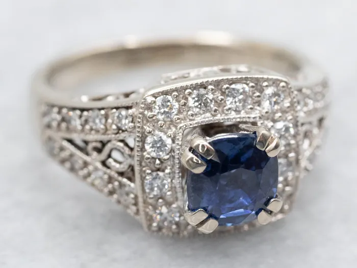 Rings Modern White Gold Sapphire Engagement Ring with Diamond Halo Market Square Jewelers Rings Modern White Gold Sapphire Engagement Ring with Diamond Halo Market Square Jewelers