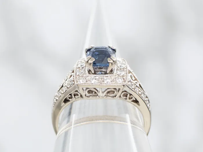 Rings Modern White Gold Sapphire Engagement Ring with Diamond Halo Market Square Jewelers Rings Modern White Gold Sapphire Engagement Ring with Diamond Halo Market Square Jewelers