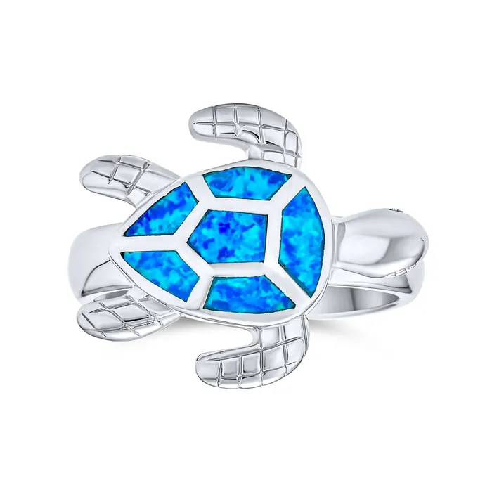 Rings Nautical Silver Ring with Iridescent Blue Opal Turtle Design Sterling BlingJewelry Wholesale