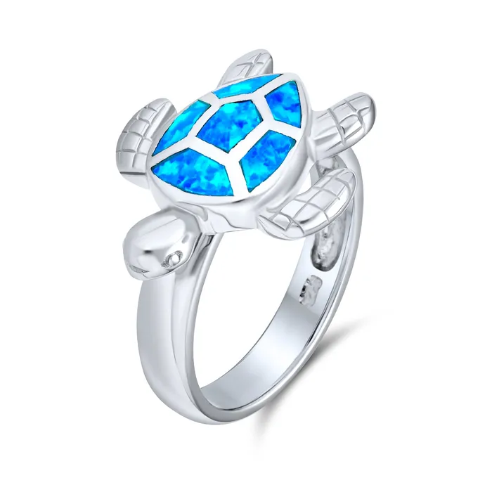 Rings Nautical Silver Ring with Iridescent Blue Opal Turtle Design Sterling BlingJewelry Wholesale