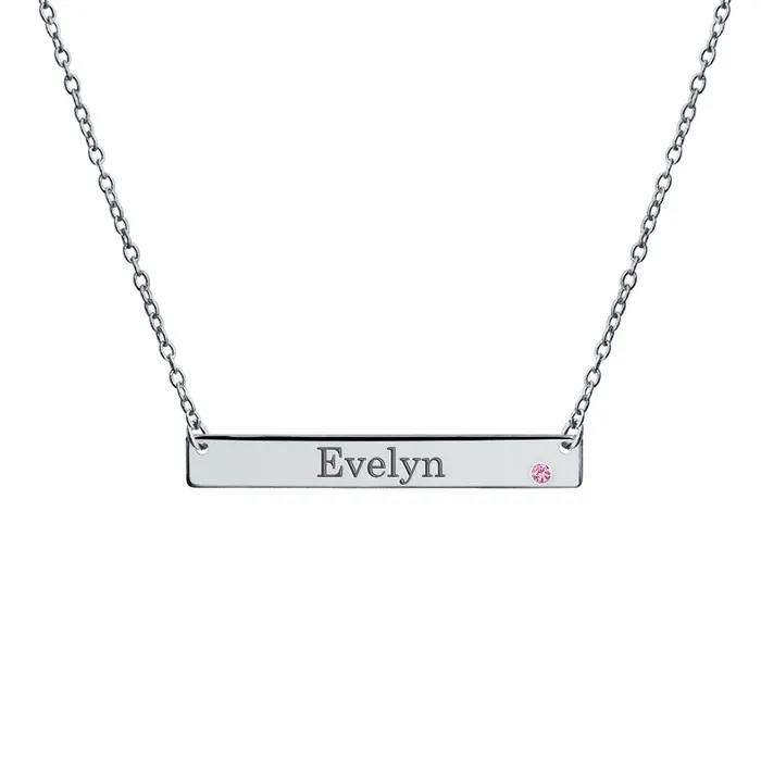 Thin Sideways Bar Name Plate Pendant Necklace with Birth Month Crystal Silver BlingJewelry Wholesale Necklaces Thin Sideways Bar Name Plate Pendant Necklace with Birth Month Crystal Silver BlingJewelry Wholesale Necklaces