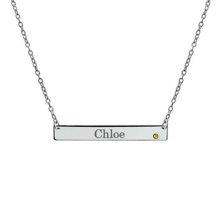 Thin Sideways Bar Name Plate Pendant Necklace with Birth Month Crystal Silver BlingJewelry Wholesale Necklaces Thin Sideways Bar Name Plate Pendant Necklace with Birth Month Crystal Silver BlingJewelry Wholesale Necklaces
