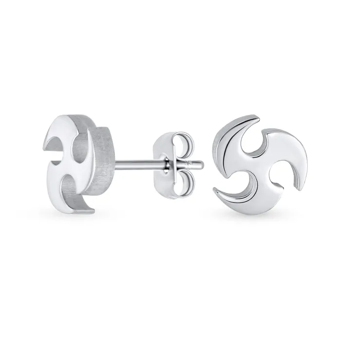 Unisex Tribal Warrior Blade Ninja Star Stud Earrings for Men Silver Black Steel BlingJewelry Wholesale Earrings