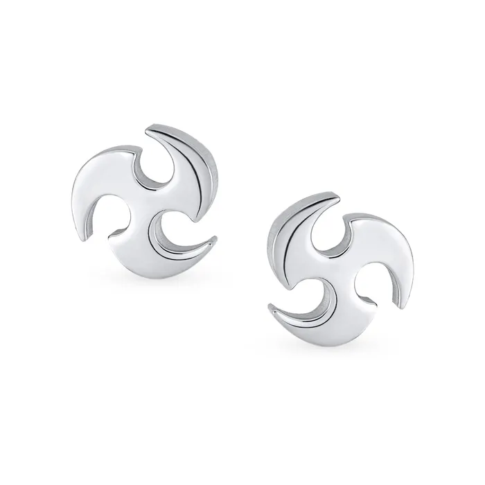 Unisex Tribal Warrior Blade Ninja Star Stud Earrings for Men Silver Black Steel BlingJewelry Wholesale Earrings