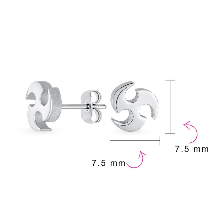 Unisex Tribal Warrior Blade Ninja Star Stud Earrings for Men Silver Black Steel BlingJewelry Wholesale Earrings