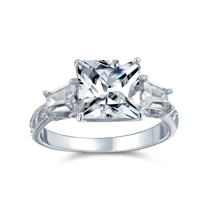 Vintage Style 3CT CZ Princess Cut Engagement Ring with Baguette Side Stones Silver BlingJewelry Wholesale Rings Vintage Style 3CT CZ Princess Cut Engagement Ring with Baguette Side Stones Silver BlingJewelry Wholesale Rings