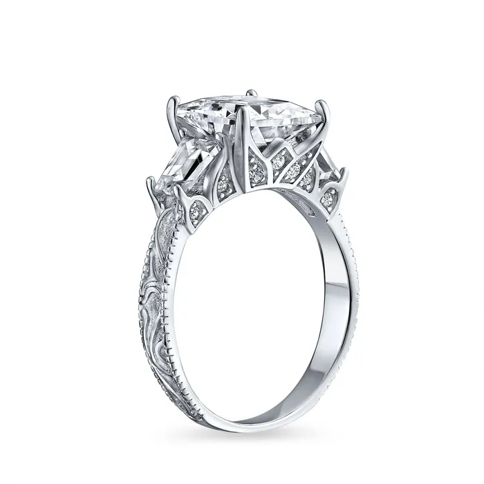 Vintage Style 3CT CZ Princess Cut Engagement Ring with Baguette Side Stones Silver BlingJewelry Wholesale Rings