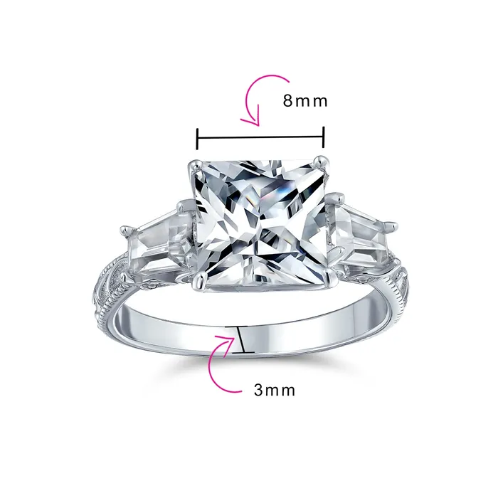 Vintage Style 3CT CZ Princess Cut Engagement Ring with Baguette Side Stones Silver BlingJewelry Wholesale Rings