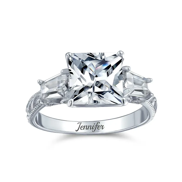 Vintage Style 3CT CZ Princess Cut Engagement Ring with Baguette Side Stones Silver BlingJewelry Wholesale Rings