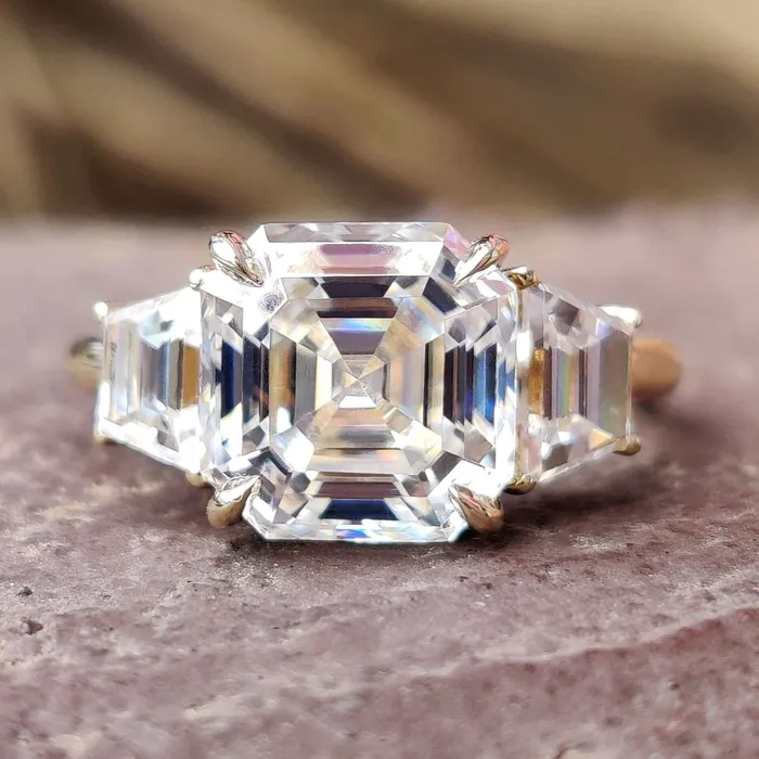 278 TCW Asscher Trapezoid Moissanite Three Stones Engagement Ring Diamondrensu Rings