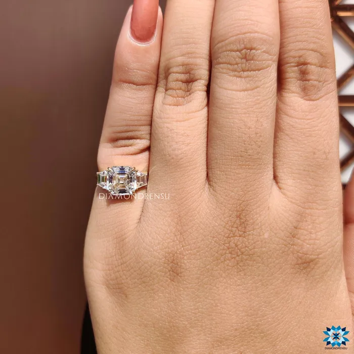 278 TCW Asscher Trapezoid Moissanite Three Stones Engagement Ring Diamondrensu Rings 278 TCW Asscher Trapezoid Moissanite Three Stones Engagement Ring Diamondrensu Rings
