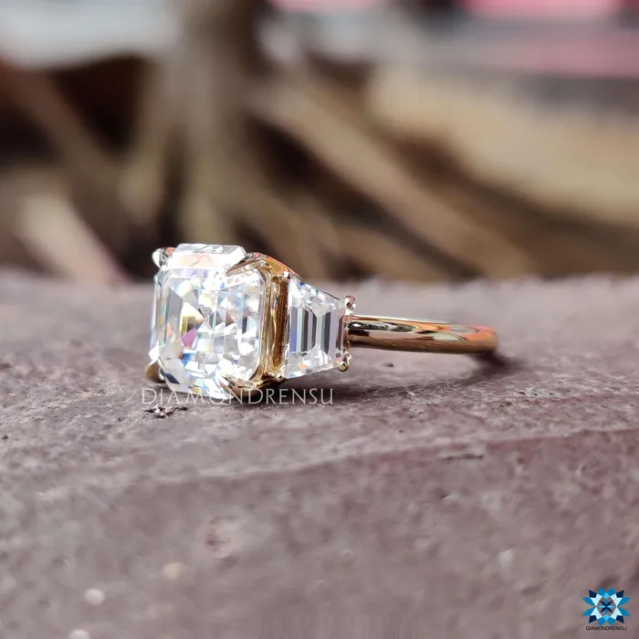 278 TCW Asscher Trapezoid Moissanite Three Stones Engagement Ring Diamondrensu Rings 278 TCW Asscher Trapezoid Moissanite Three Stones Engagement Ring Diamondrensu Rings
