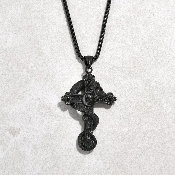 Black Gun Metal Dragon Cross Steel Hearts Necklace Kalifano Necklaces