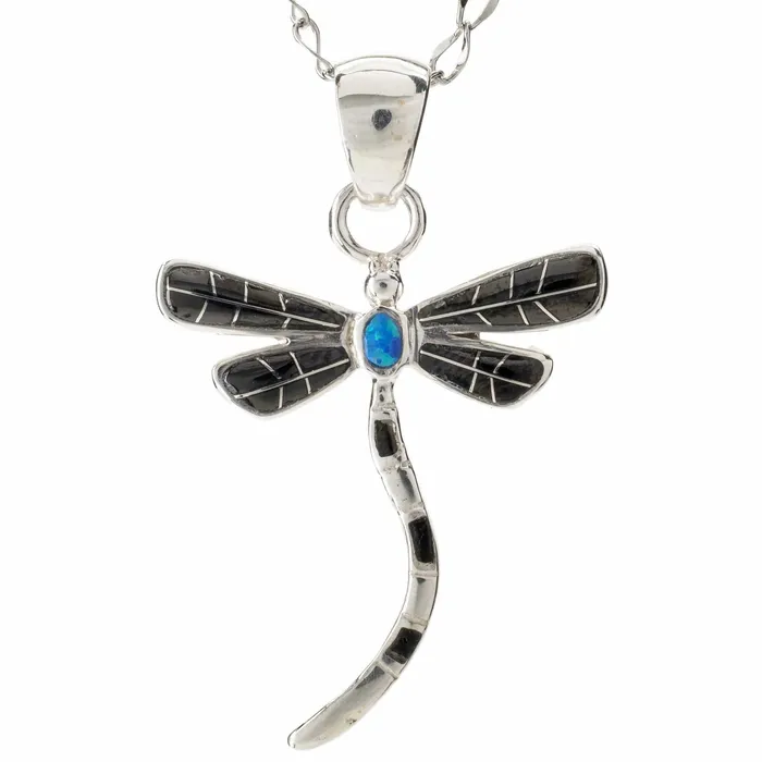 Black Onyx Dragonfly 925 Sterling Silver Pendant USA Handmade with Opal Accent Kalifano Necklaces Black Onyx Dragonfly 925 Sterling Silver Pendant USA Handmade with Opal Accent Kalifano Necklaces