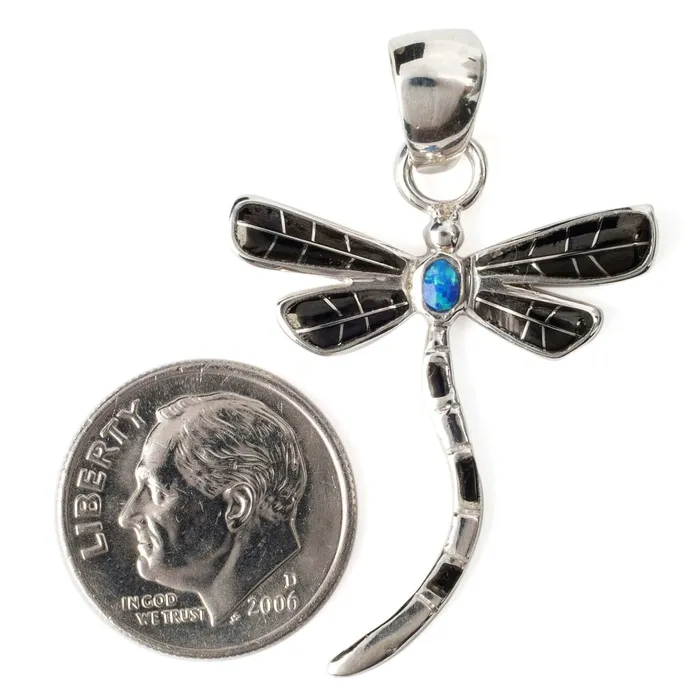 Black Onyx Dragonfly 925 Sterling Silver Pendant USA Handmade with Opal Accent Kalifano Necklaces