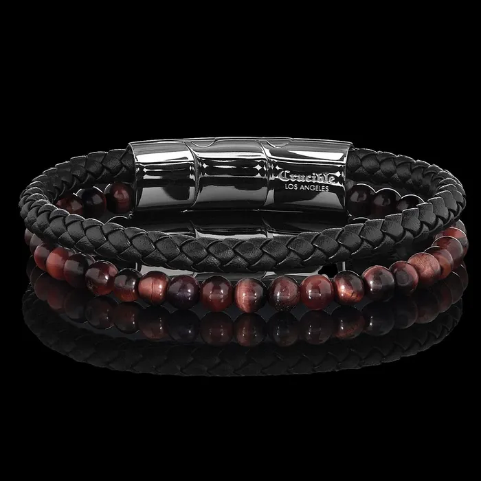 Bracelets Invicta Jewelry Crucible Red Tiger Eye Stone Bead and Leather Bracelet 825 05 Ext