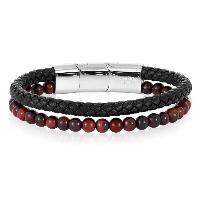Bracelets Invicta Jewelry Crucible Red Tiger Eye Stone Bead and Leather Bracelet 825 05 Ext