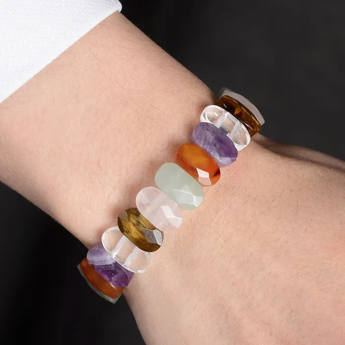 Bracelets Kalifano Multi Gemstone Oval Faceted Natural Gemstone Elastic Bracelet