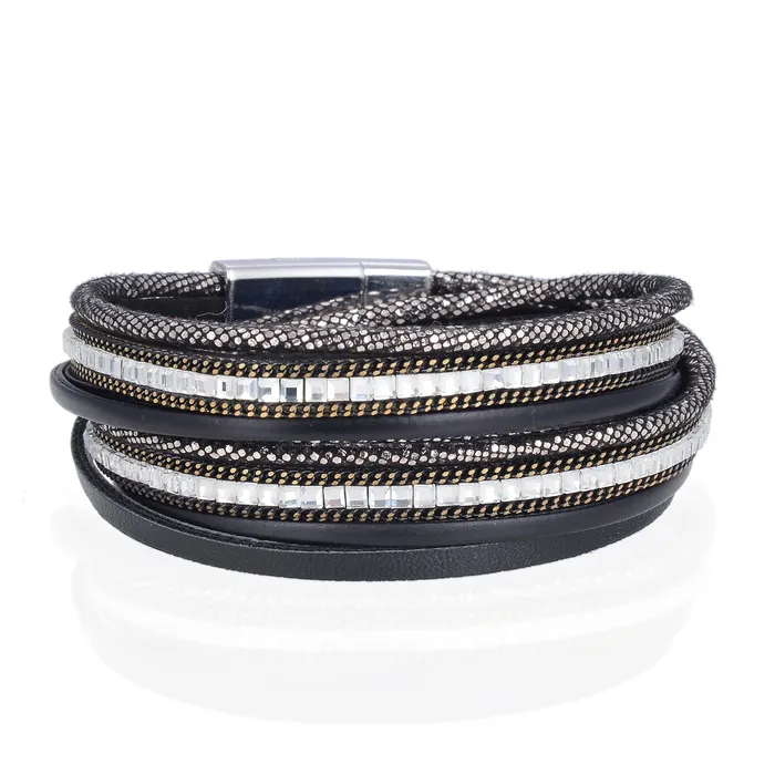 Bracelets Kalifano Multiple Strand Black Bracelet with Natural Gemstone and Magnetic Clasp Bracelets Kalifano Multiple Strand Black Bracelet with Natural Gemstone and Magnetic Clasp