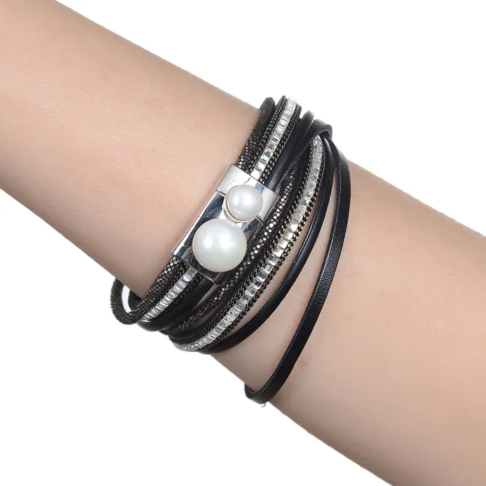 Bracelets Kalifano Multiple Strand Black Bracelet with Natural Gemstone and Magnetic Clasp