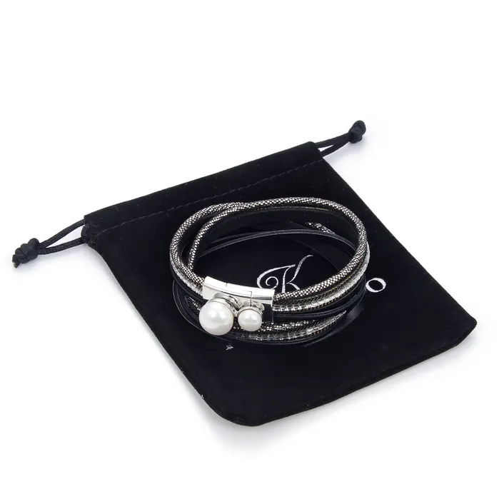 Bracelets Kalifano Multiple Strand Black Bracelet with Natural Gemstone and Magnetic Clasp