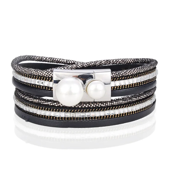Bracelets Kalifano Multiple Strand Black Bracelet with Natural Gemstone and Magnetic Clasp