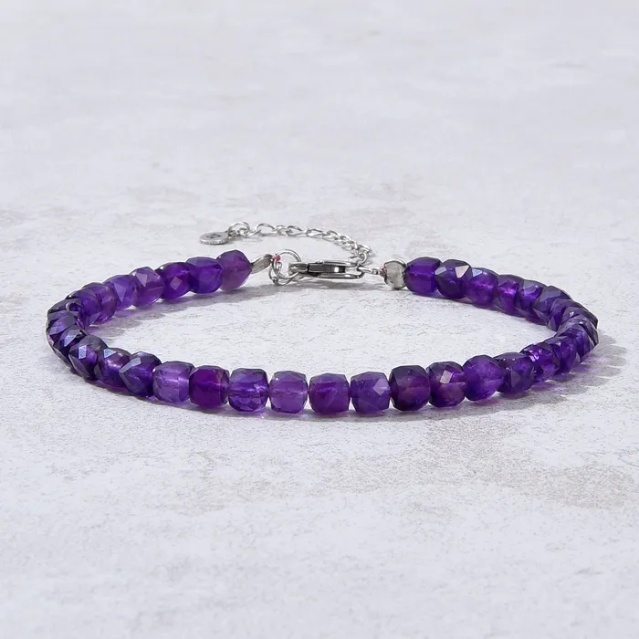 Bracelets KALIFANO Natural Amethyst Faceted 4mm Barrel Bracelet with Sterling Silver Extender Bracelets KALIFANO Natural Amethyst Faceted 4mm Barrel Bracelet with Sterling Silver Extender